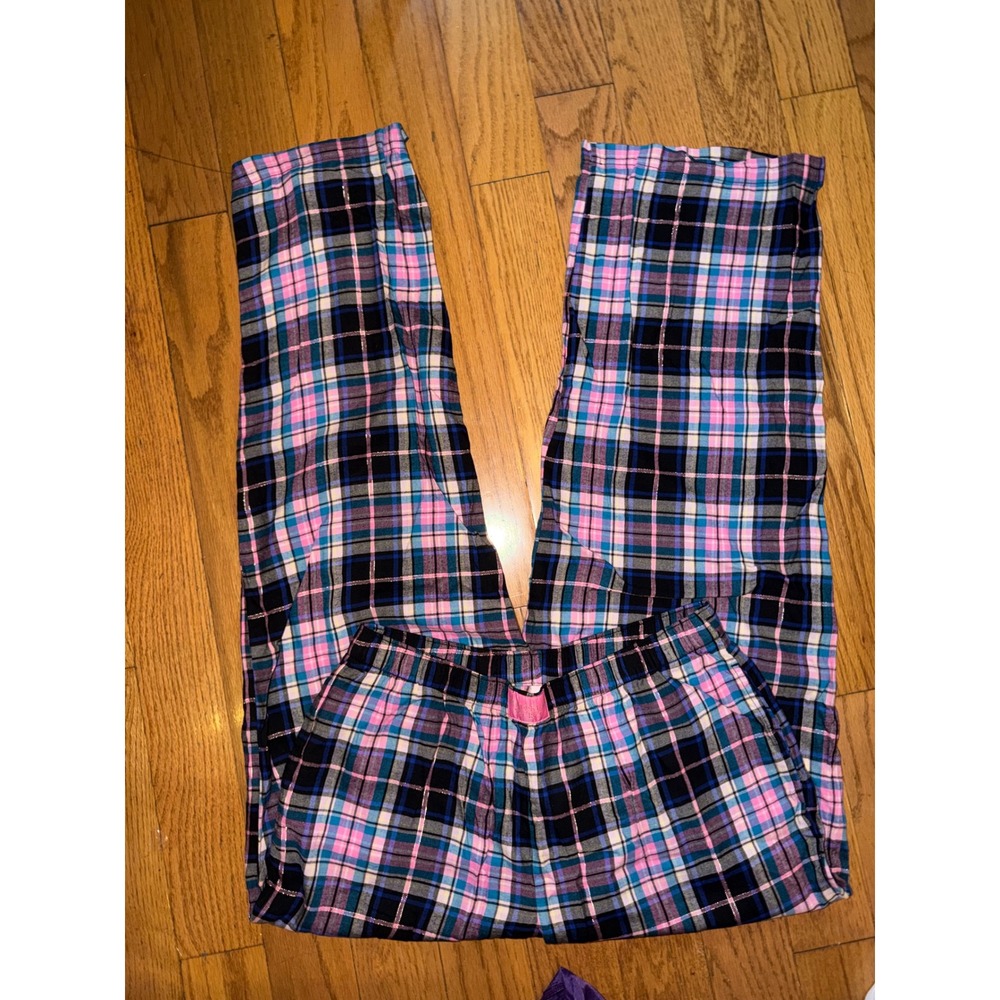 Victoria's Secret Pink Blue Plaid Flannel Pajama Pants Metallic Shimmer